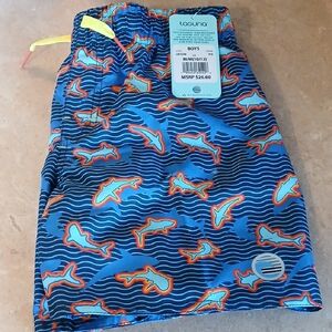 Laguna B Blue Shark Print Kids Swim Trunks